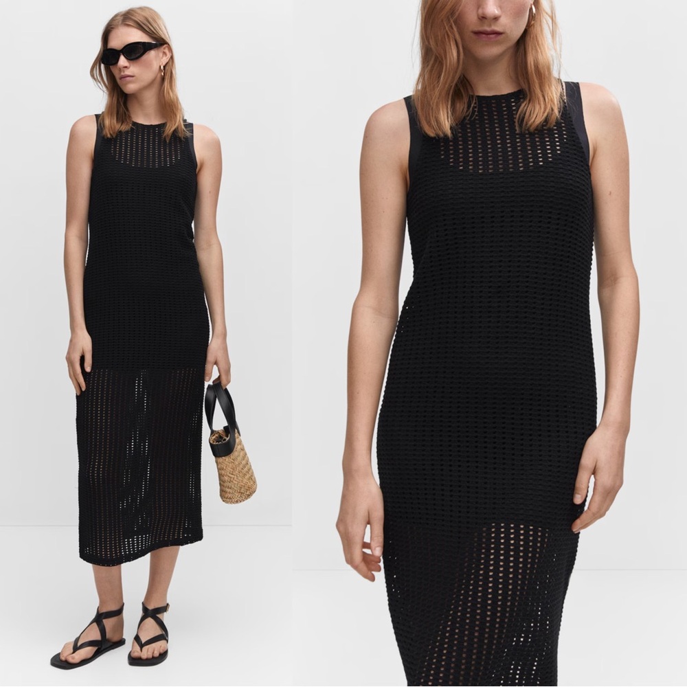MANGO Black Crochet Open Knit Sleeveless Midi Maxi Dress w/ Side Slit Sz 0